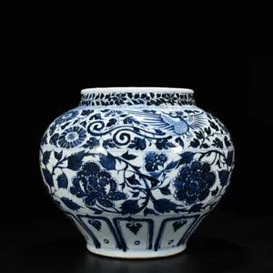 12.6" Chinese Old Antique Porcelain yuan dynasty Blue white peony flower Jar pot