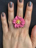 Handmade Pink Leather Lily Flower Vintage Ring - 3 cm - Adjustable