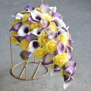 Yellow Purple Bride Bouquet, Yellow Bridesmaids Bouquets, Plum Bouquet, Real Touch Calla Lilies, Yellow Roses, Royal Purple Lilac Bouquets