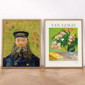 Vincent Van Gogh Set of 2 prints The postman Portrait of Joseph Roulin Bouquet of flowers in a vase Roses painting Green wall art Gift idea