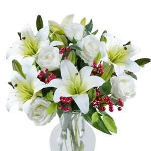 14pcs Artificial Christmas Flowers Faux White Rose & White Lily & Red Berry