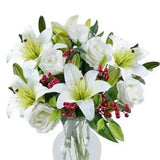 14pcs Artificial Christmas Flowers Faux White Rose & White Lily & Red Berry