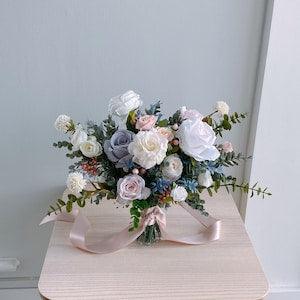 Dusty Blue and Pink Rose Silk Flower Bouquet,Wedding Bouquet, Silk Flower Bouquet