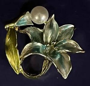 Gold Tone Enamel Turquoise Aqua Faux Pearl Easter Wedding Lily Brooch Lapel Pin