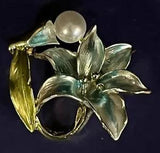Gold Tone Enamel Turquoise Aqua Faux Pearl Easter Wedding Lily Brooch Lapel Pin