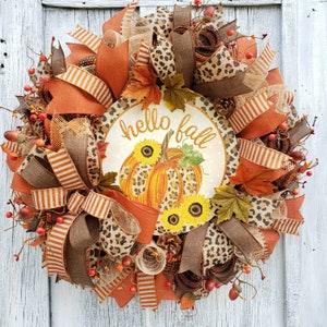 Fall Welcome Wreath, Autumn Wreath for Door, Fall Pumpkin Wreath, Large Pumpkin Fall Wreath, Hello Fall Wreath, Leopard Fall Decor