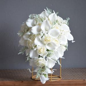 Fake Ivory Cream Real Touch Roses Wedding Bouquet, White Calla Lilies, baby's breath, Dusty Millers, Bridesmaids Bouquets, Boutonnieres