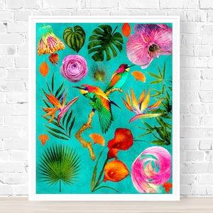 Neon Botanical Collage Art Print Poster, Bright Colored Floral & Hummingbird Art, Palm Leaf, Hot Pink Orchid, Unique Bouquet Art For Framing
