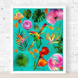 Neon Botanical Collage Art Print Poster, Bright Colored Floral & Hummingbird Art, Palm Leaf, Hot Pink Orchid, Unique Bouquet Art For Framing