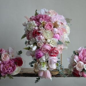 Faux Real Touch Flowers Pink Cream Wedding Bouquet, Hot Pink Roses, Peony, Orchids, Tulips, Lilacs Spring Summer Bridal Bouquet, Eucalyptus