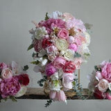 Faux Real Touch Flowers Pink Cream Wedding Bouquet, Hot Pink Roses, Peony, Orchids, Tulips, Lilacs Spring Summer Bridal Bouquet, Eucalyptus