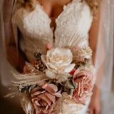 Dusty Pink Artificial Rose and Natural Dried Foliage Traditional Bridal Bouquet
