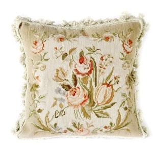 Wool Needlepoint Throw Pillow Cover | Vintage French Style Pillowcase Beige Rose Bouquet Cushion Cover 16x16 for Chair Couch Sofa Bench Bed