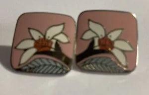 Laurel Burch Wild Lily Square Earrings White Flower  Pink Enamel Stud