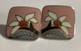 Laurel Burch Wild Lily Square Earrings White Flower  Pink Enamel Stud