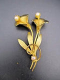 Vintage Gold Tone Metal Lily Flowers Brooch Pin Faux Pearl Prong Set Retro