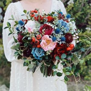 B64 Wedding Flower Bridal Bouquet Faux Silk Boho Dusty Blue Navy Mauve Blush Burgundy Twilight Teal Berries Thistles Pink Red Baby??s Breath