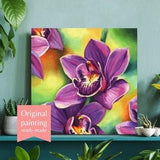 Purple orchid painting, Small abstract floral artwork, ORIGINAL oil painting flowers, Colorful botanical wall decor Tropical wall art canvas