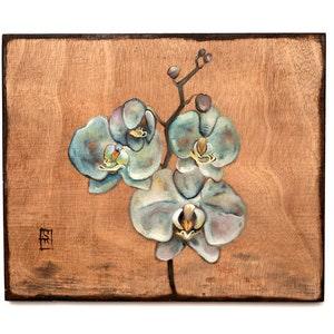 Orchid flower Oil painting on natural wood Handmade OOAK Gift Decoration