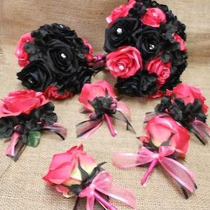 Wedding Bridal Bouquets Your Colors 18 pcs Package Fuchsia Hot Pink Black Roses Toss Bridesmaids  Boutonnieres Corsages New