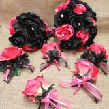 Wedding Bridal Bouquets Your Colors 18 pcs Package Fuchsia Hot Pink Black Roses Toss Bridesmaids  Boutonnieres Corsages New