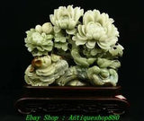 16" Exquisite Natural Xiu Jade Carve Peony Flower Bird Ganoderma Ruyi Statue