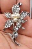 1950s Vintage Lily Flower Brooch Faux Pearl Crystal Rhinestone Silver Tone 2"