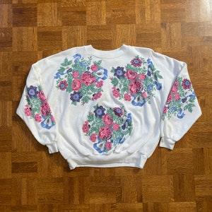 Vintage 1980s 1990s Floral Flowers All Over Print AOP Double Sided Crewneck Sweatshirt