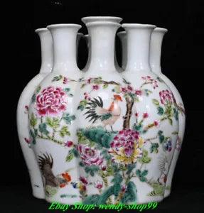 8" DaQing Guangxu Marked Famille Rose Porcelain Peony Flower Chick Vase Bottle
