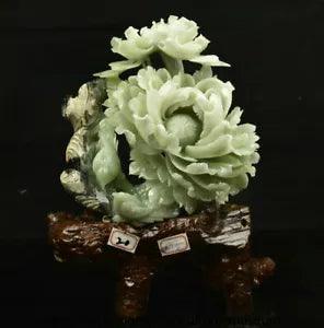 14" Chinese  xiu jade jadeite carved flower bird peony flower Decor sculpture