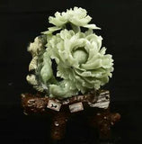 14" Chinese  xiu jade jadeite carved flower bird peony flower Decor sculpture