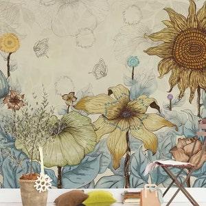 Blooming Flowers Wallpaper- Sunflower Wallpaper- Personalised- Floral Wallpaper- Custom- Home Decor- Peel and Stick