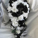 Silk Wedding bridal bouquet black and white 4 pc Cascade style made of all roses