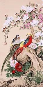 ORIGINAL ASIAN ART CHINESE FAMOUS WATERCOLOR PAINTING-Golden birds&Peony Flowers