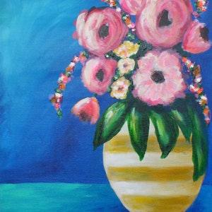 Flower rose bouquet in a yellow striped vase, original acrylic painting ready to frame 16x20, canvas wall art