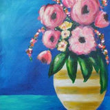 Flower rose bouquet in a yellow striped vase, original acrylic painting ready to frame 16x20, canvas wall art