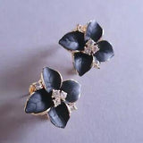 Black enamel & rhinestones Four petal flower lily gold omega stud earrings