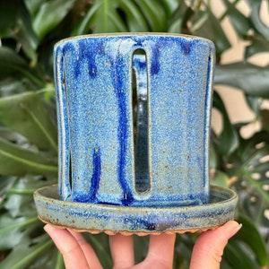 Blue Glazed Ceramic Stoneware Orchid Plant Pot with Holes and Optional Matching Saucer