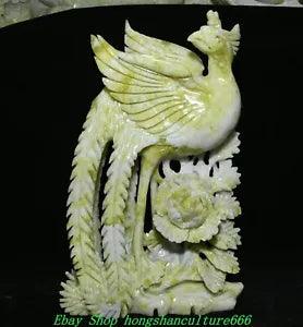 11'' China Lantian Green Jade Carved Peony Flower Phoenix Bird Statue Sculpture