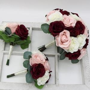 Wedding Bouquets Wine Burgundy  Blush and ivory, Faux Bridal Bouquet and Bridesmaids Bouquets, Flower Package for Weddings, Silk Flowers