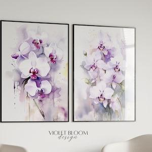 Abstract Watercolor Orchid Flower Print | White Orchid Painting | Printable Floral Wall Art | Modern Purple Wall Decor for Living Room
