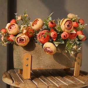 Artificial Camellia Bouquet, Fake Ranunculus Bunch, Faux Wild Flower with Foliage, Home Rustic Floral, Wedding Spray Decor, Plant Ornament