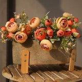 Artificial Camellia Bouquet, Fake Ranunculus Bunch, Faux Wild Flower with Foliage, Home Rustic Floral, Wedding Spray Decor, Plant Ornament