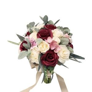 Bouquet-Burgundy Blush Champagne Ivory Roses lamb's Ear eucalyptus