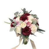 Bouquet-Burgundy Blush Champagne Ivory Roses lamb's Ear eucalyptus