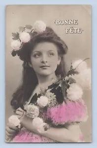 Beautiful Woman Carnations in Hair Hand Colored Bonne Fete Vintage 1906 RPPC