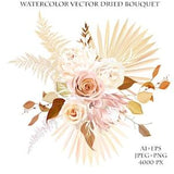 Trendy dried palm leaves, blush pink rose, pale protea, white ranunculus, pampas grass vector design wedding bouquet. Trendy boho flowers.