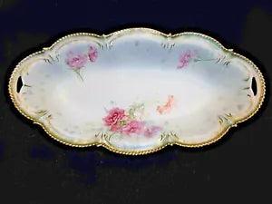 R.S. PRUSSIA OVAL BOWL W/ CARNATION FLOWER & CUT OUT HANDLES 12" x 6"