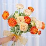 3 Heads Ranunculus Stem | Ranunculus Bouquet | High Quality Artificial Flower | DIY | Home Decoration | Gifts - Light Peach + Orange