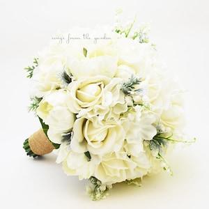 Winter Wedding Grey White Bridal or Bridesmaid Bouquet Real Touch Roses Peonies Lily of Valley - add Groom or Groomsman Boutonniere & More!